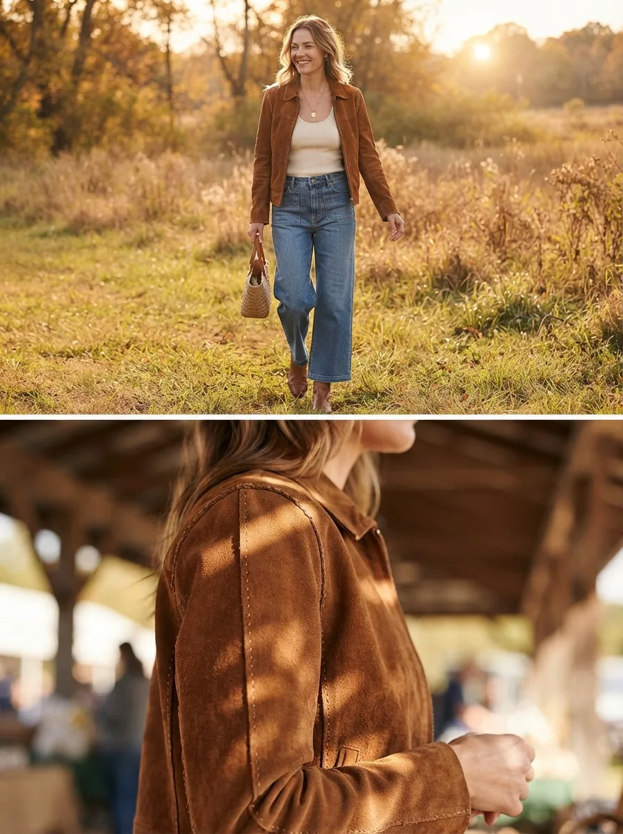 Woman in a rust suede jacket, cream embroidered blouse, and cream trousers walking through a wooden market stall on a cold sunlit day